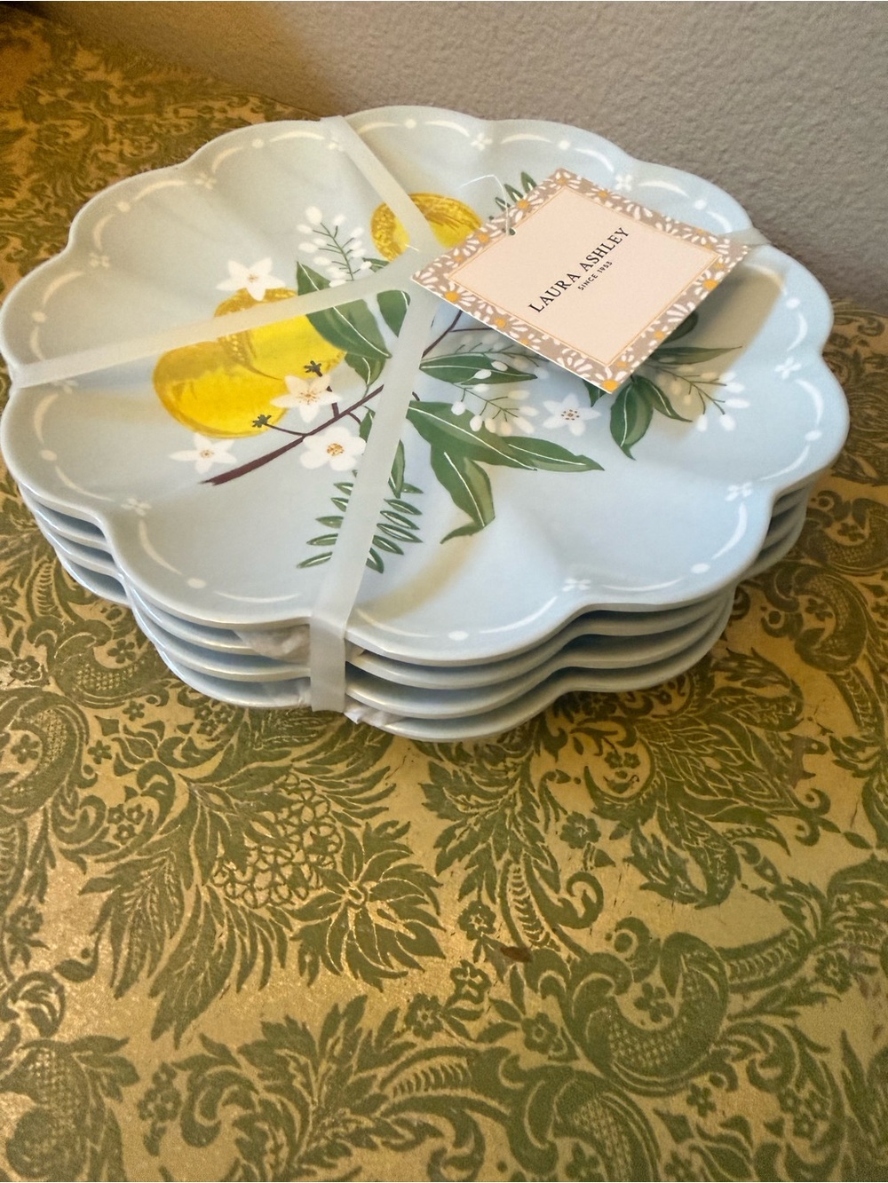 Laura Ashley Pale Blue Melamine Scalloped Salad Plate with Lemon Motif-NWT